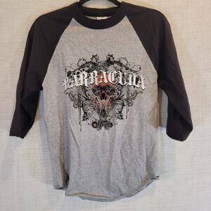 Vintage Y2K Heart Band Barracuda Raglan T Shirt Gray Skull Adult Small 18x26